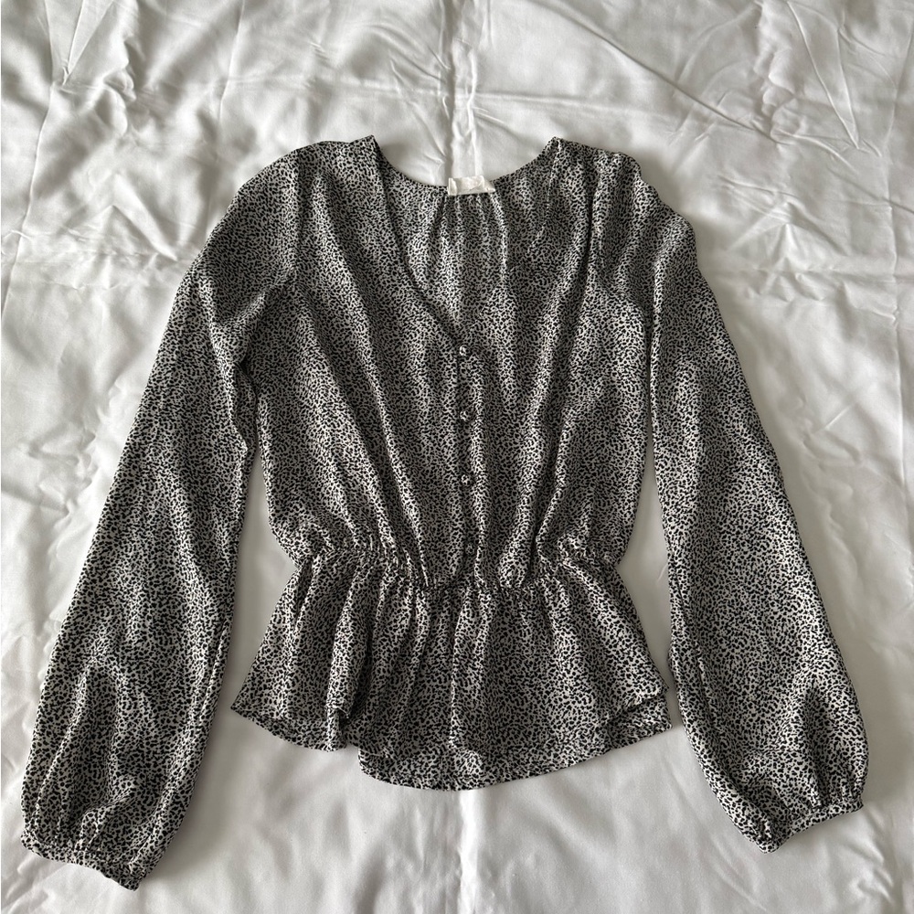 Black And White Animal Print Button Detail Peplum Blouse
